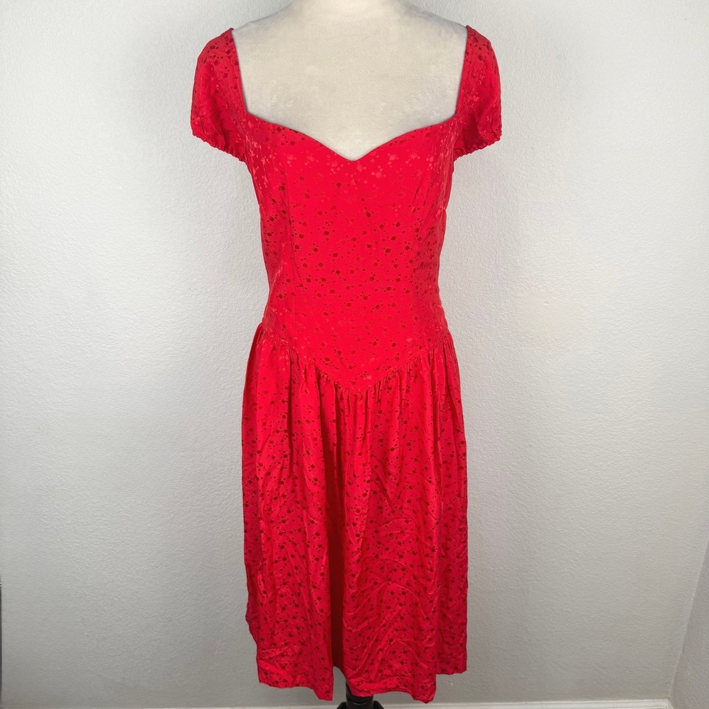 VTG 80's Silk Studio Red 100% Silk Eyelet Midi Dress Sweetheart Neckline Sz 14